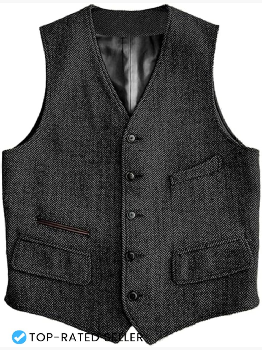 Vintage Herringbone Wool Blend Vest Classic V-Neck Waistcoat Casual Menswear